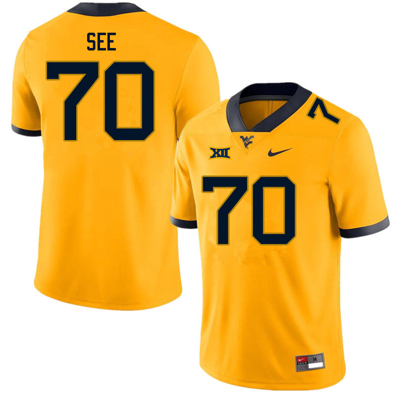 Men #70 Shawn See West Virginia Mountaineers College Football Jerseys Sale-Gold